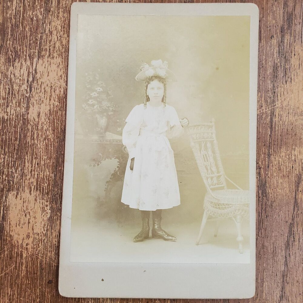 Antique Cabinet Card Mary Seebeck Victorian Girl Fashion Hat Long Curls Photo